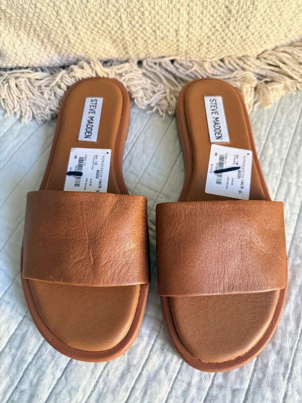 New Steve Madden Cognac Leather Slide Sandals Women's Size 7